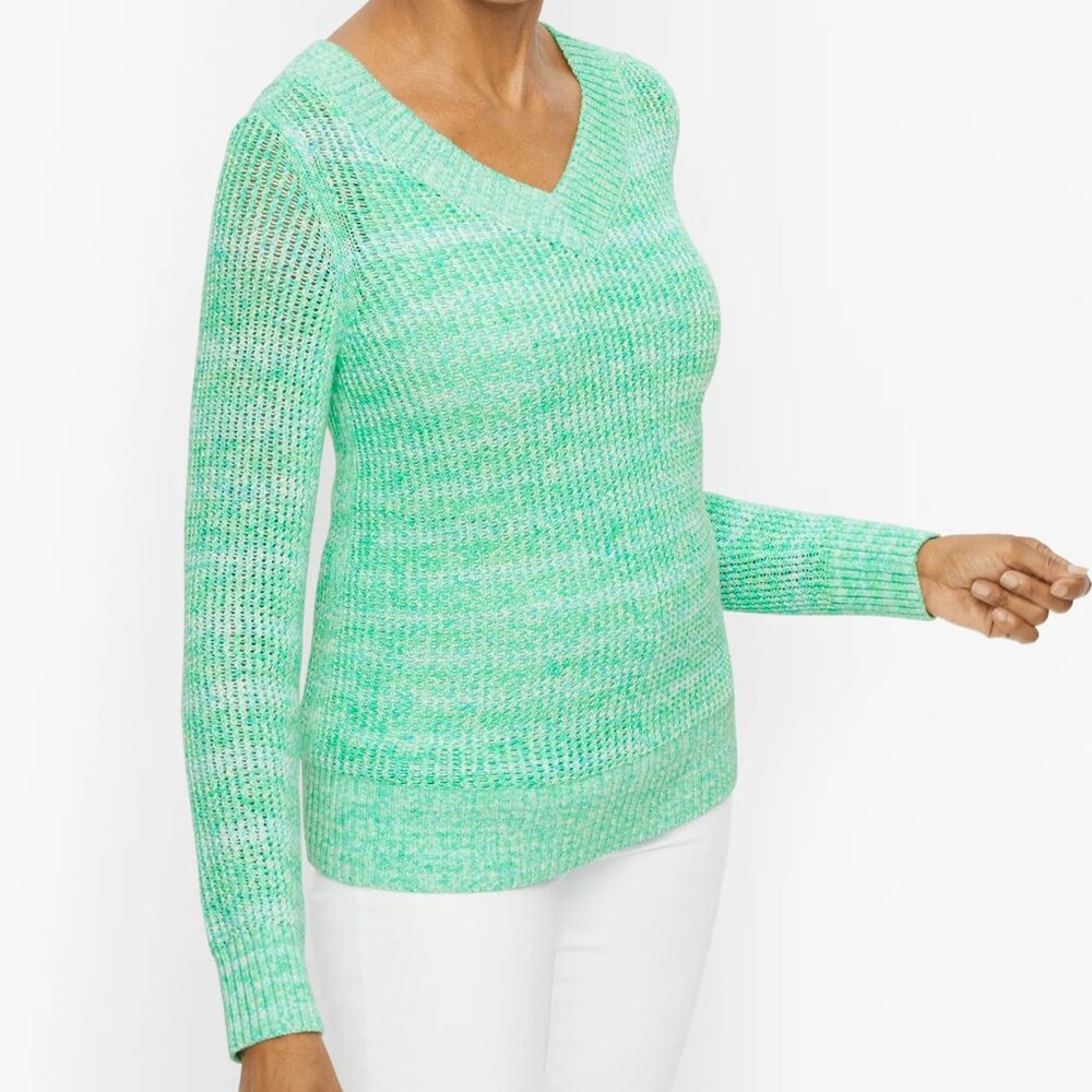 TALBOTS Tape Detail V-Neck Sweater Mint Green Seafoam Blue White Cotton Pullover